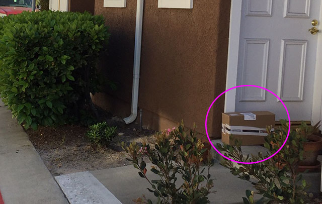 Front door package delivery that is not well concealed or hidden.