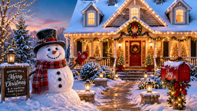 Picture of a home with a snowman in the yard