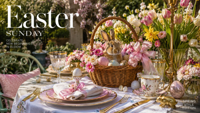 Beautifully decorated table in a backyard with an Easter theme.