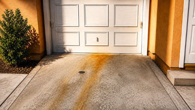 Picture of an unsightly stain in front of a garage door caused by a water leak.