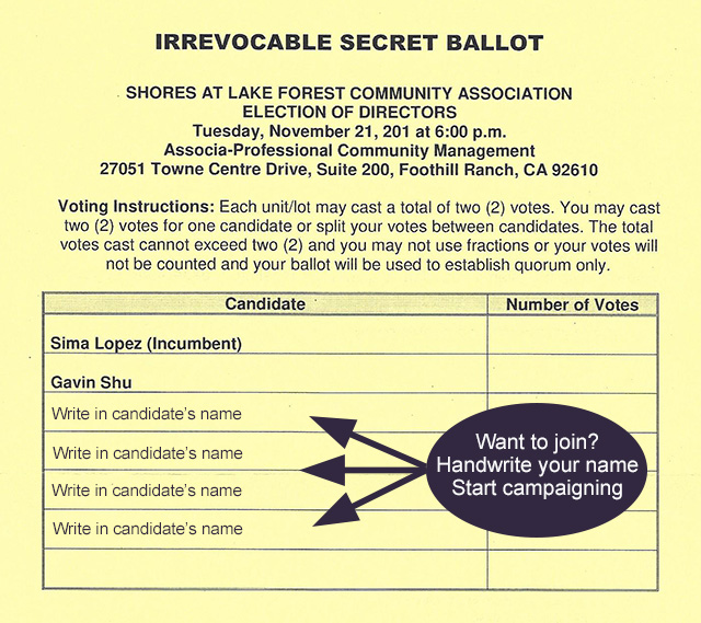 Sample secret ballot used to vote for our Lake Forest Shores board members