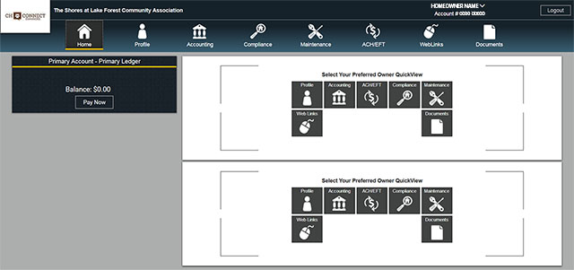 Screenshot of the Crummack Huseby online portal where homeowners can get the most up-to-date information regarding accounting, profile and events throughout the community.