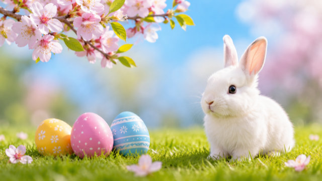 Cute bunny is surrounded by colorful Easter eggs.