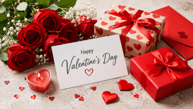 Valentine's Day image of cute red hearts, love note and candles.