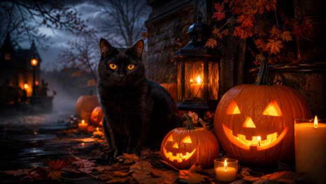 Black cat surrounded by pumpkins on Halloween night.