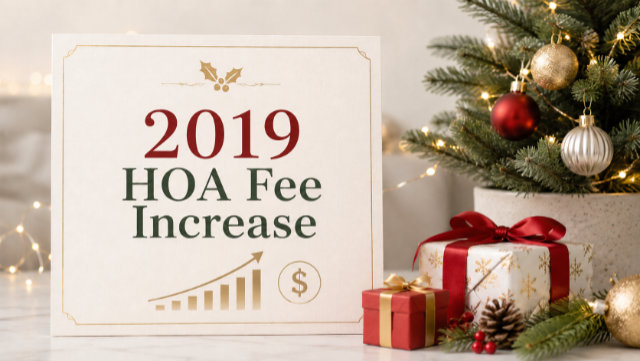 An image portraying the holiday season with a card announcing HOA fee increases.