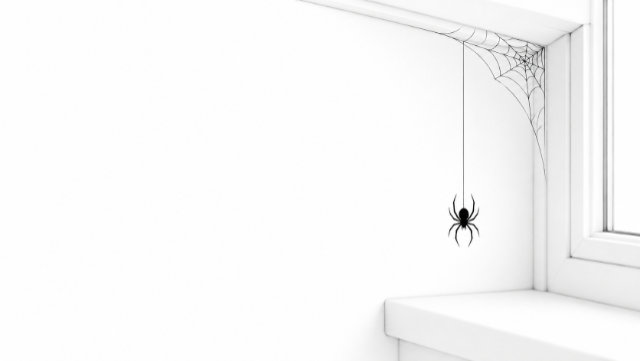 The silhouette of a spider coming down its web.