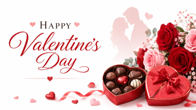 It's Valentine's Day, featuring a day of romance with flowers, chocolates, birds and red hearts.