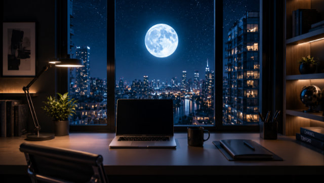 Beautiful scene from an office window of the city and rare blue moon.
