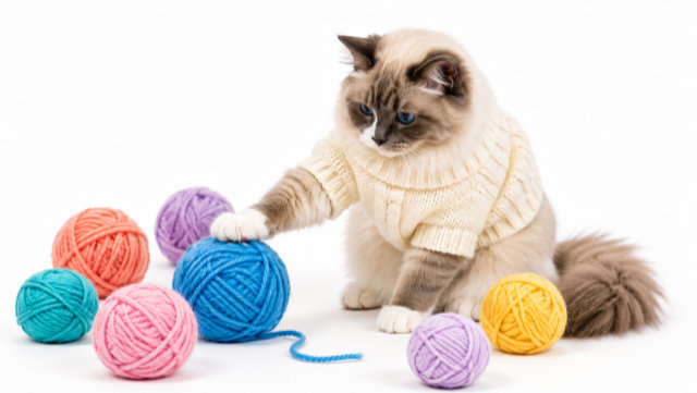 Siamese cat having fun with colorful yarn.