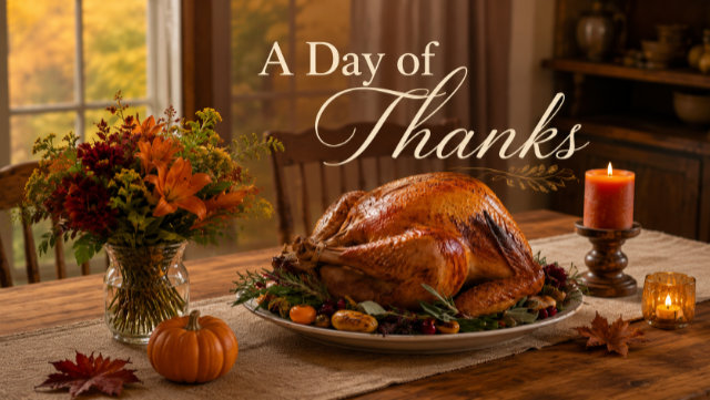 Thanksgiving image of a delicious turkey sitting on a table with the words - A Day of Thanks.