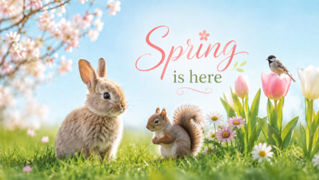 Image of a squirrel, bird and rabbit enjoying the first day of Spring.