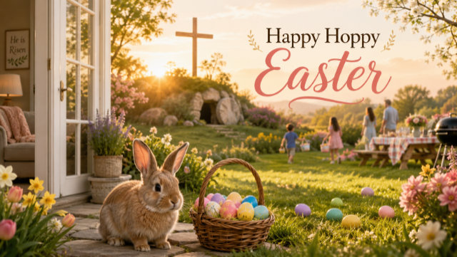 A beautiful day on Easter Sunday of a rabbit with a family in the background honoring our Lord Jesus Christ.