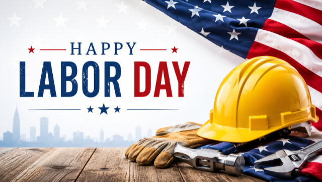 Banner that celebrates Labor Day with the American flag and items representing hardworking Americans.