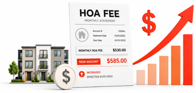 A depiction of the HOA fee increases with an arrow pointing upwards on a graph.