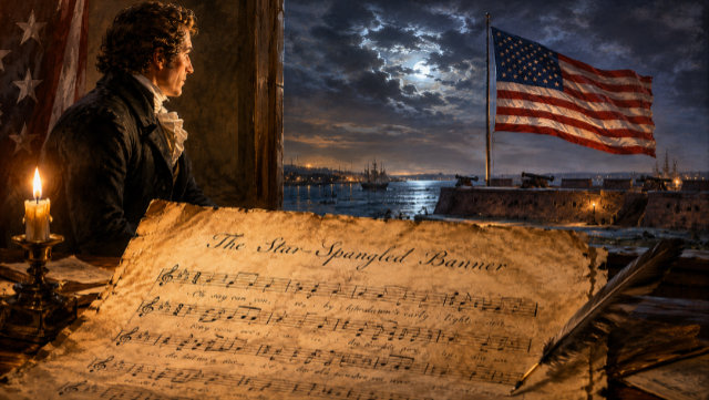 Going back in time to reference the Star Spangled Banner as Francis Scott Key looks out his window.
