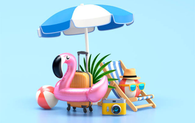 Adorable arrangement of beach items signifying the summer season.