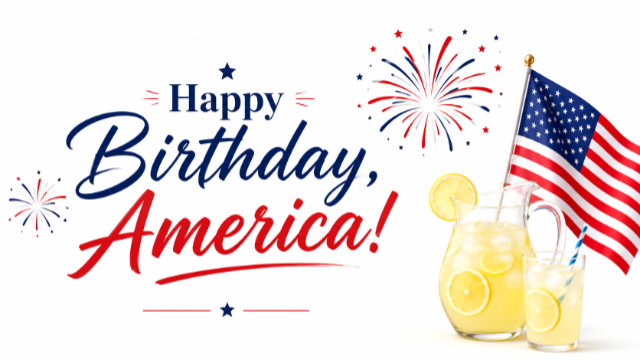 Banner describing the Fourth of July filled with fireworks, barbecues, sales and fun activities.