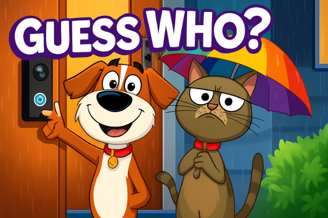 Cute dog and cat in front of a doorbell cam while in the rain.