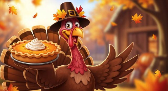 Cute cartoon of turkey holding a pumpkin pie for Thanksgiving Day.
