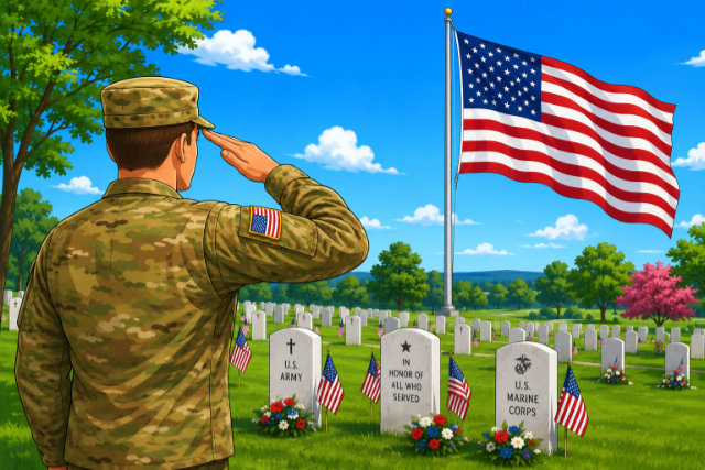U.S. soldier saluting the American flag in a veterans cemetery