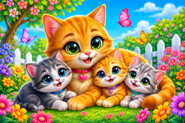 Cute female cat surrounded by her kittens on Mother's Day.